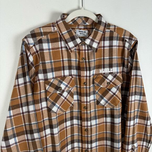 SOLD Hurley Mens Flannel Shirt Size M Plaid Logo Button Down Shirt Brown Tan - Picture 13 of 14